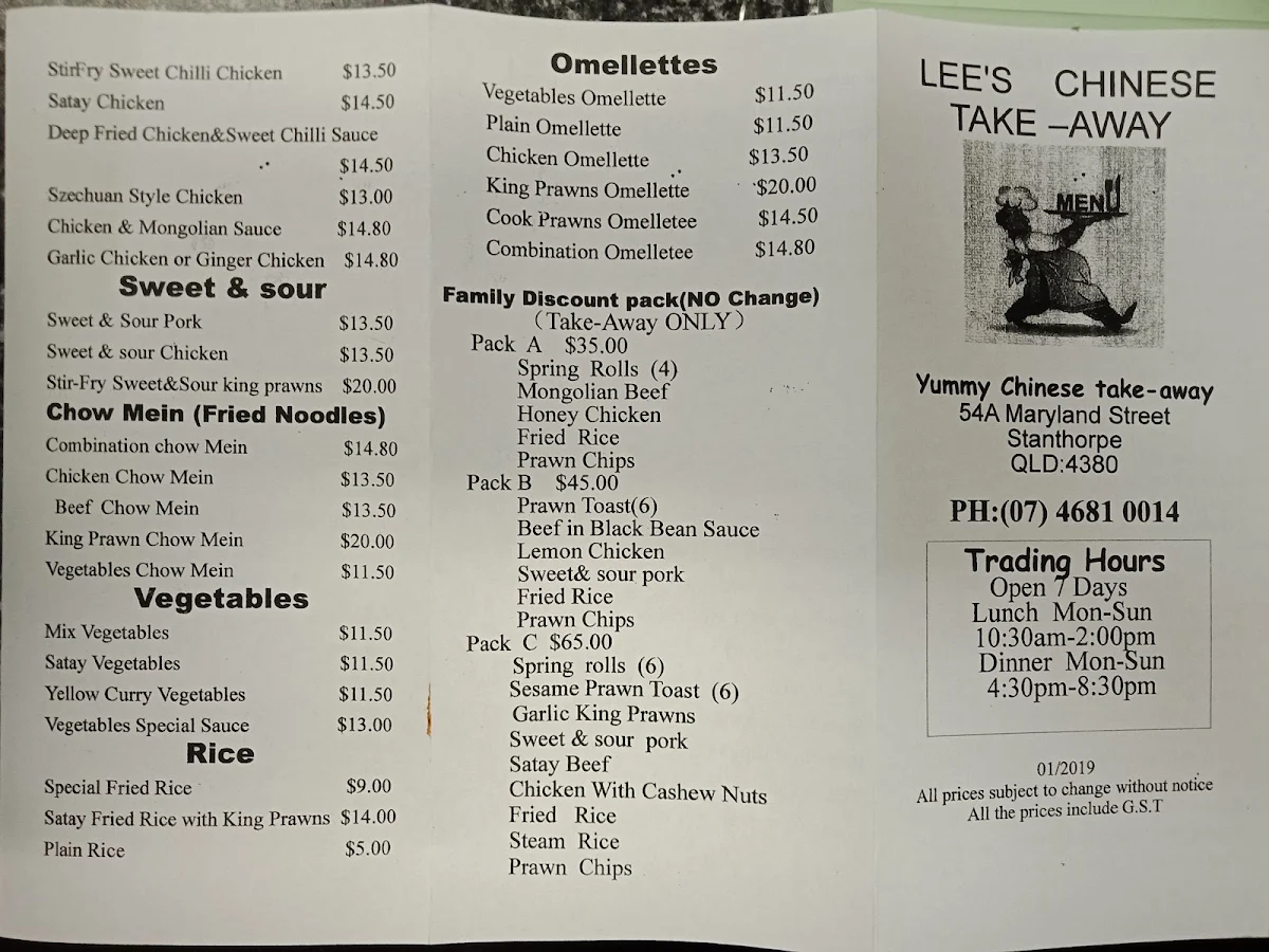 Menu, Lee's Chinese Takeaway