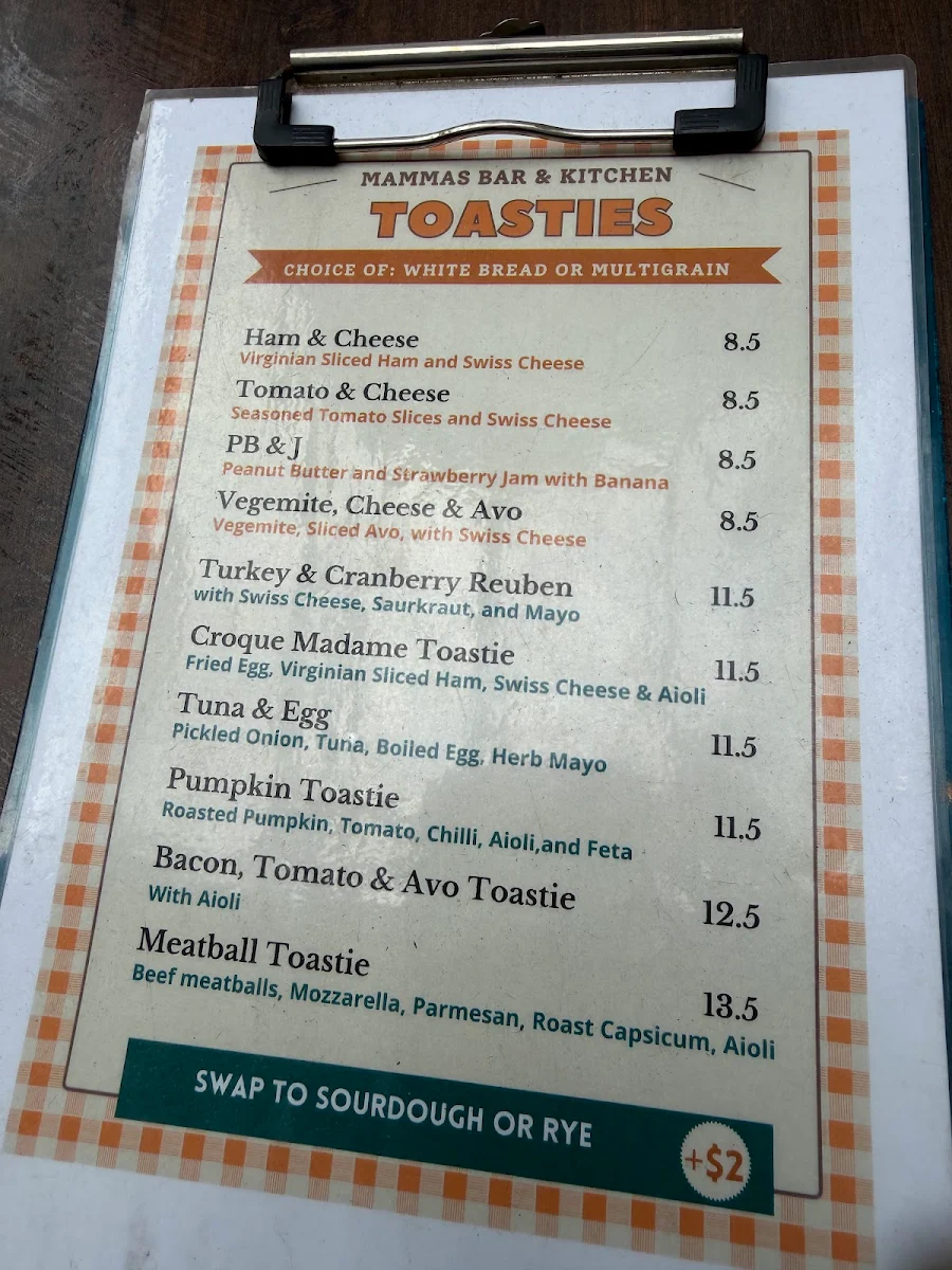 Menu, Mammas Bar & Kitchen