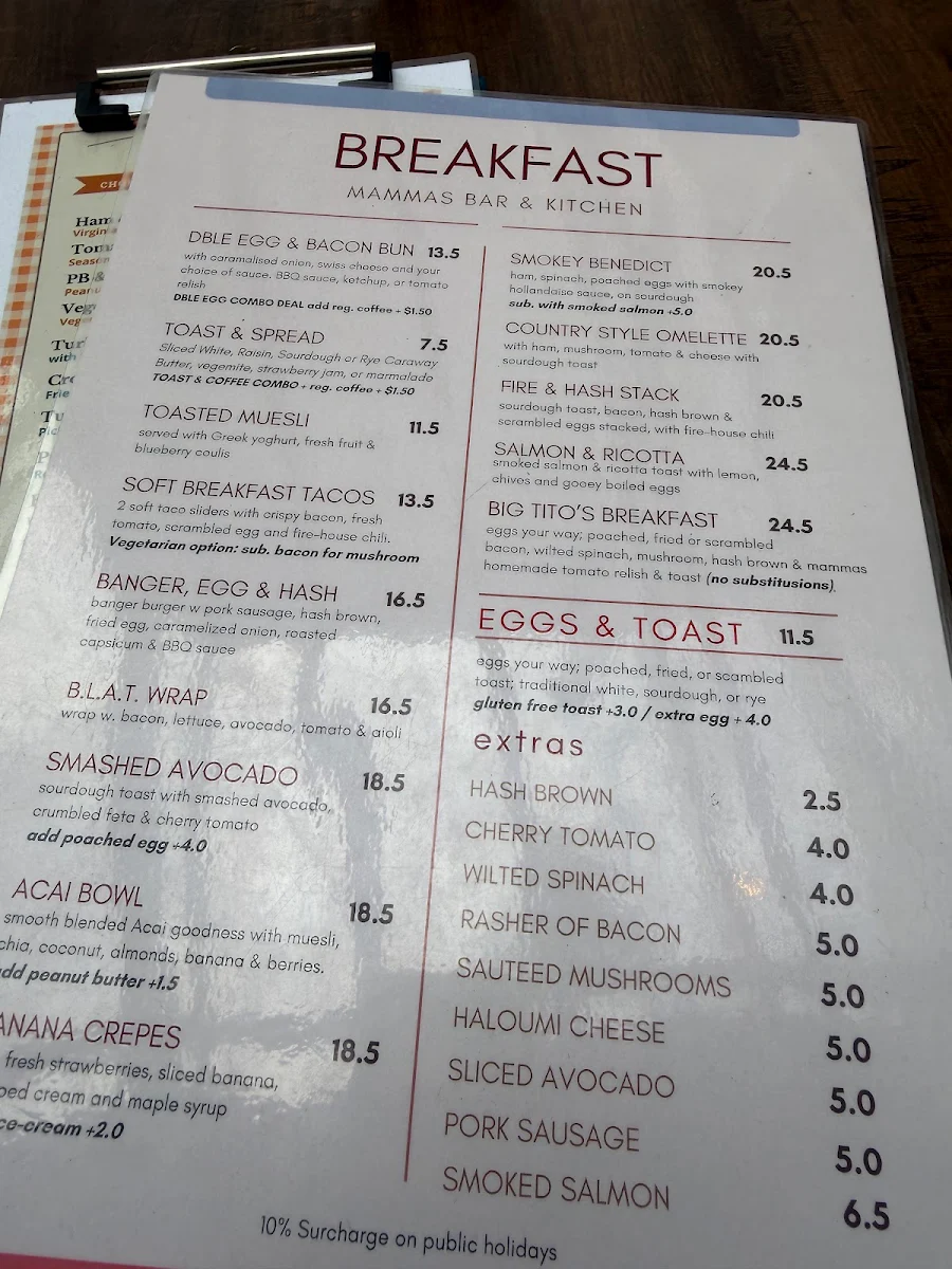 Menu, Mammas Bar & Kitchen