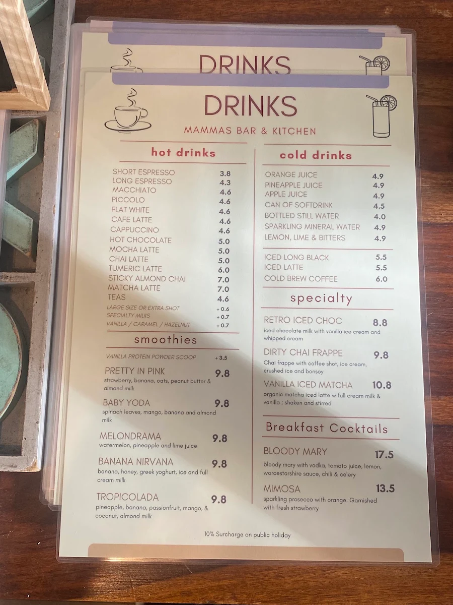 Menu, Mammas Bar & Kitchen