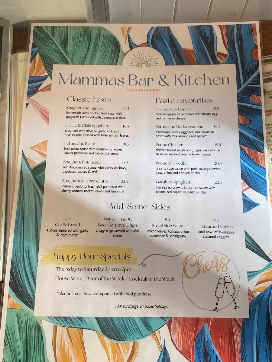 Menu, Mammas Bar & Kitchen