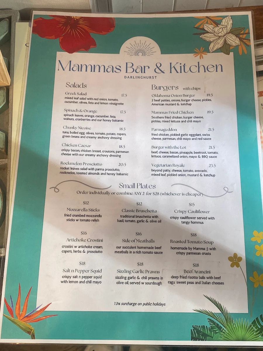 Menu, Mammas Bar & Kitchen