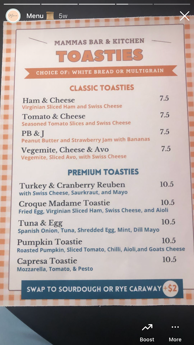 Menu, Mammas Bar & Kitchen