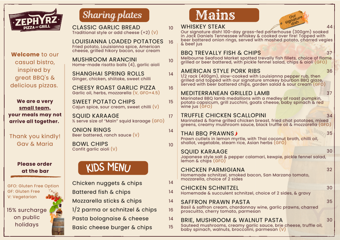 Menu, Zephyrz Pizza & Grill