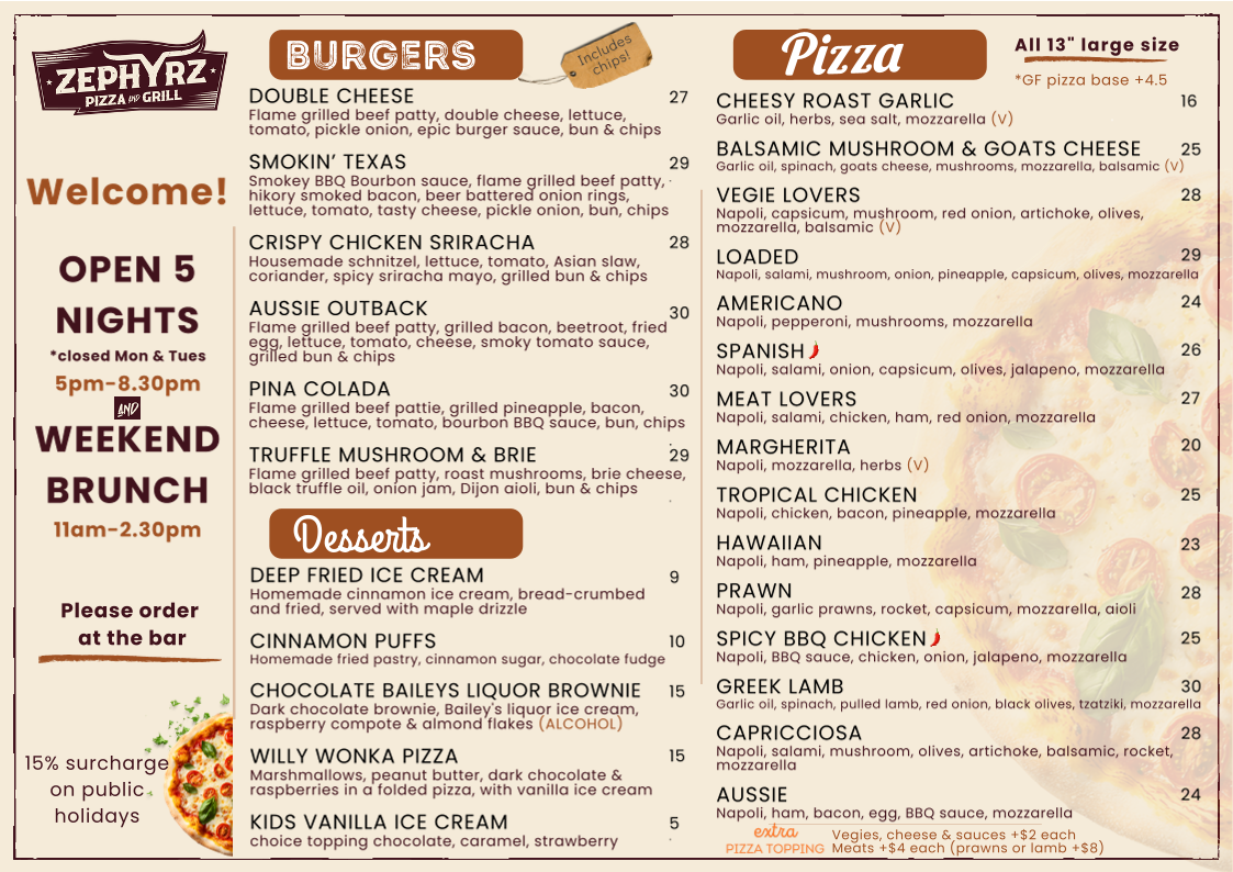 Menu, Zephyrz Pizza & Grill