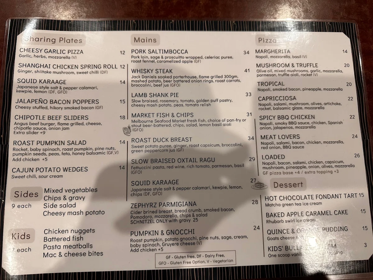 Menu, Zephyrz Pizza & Grill