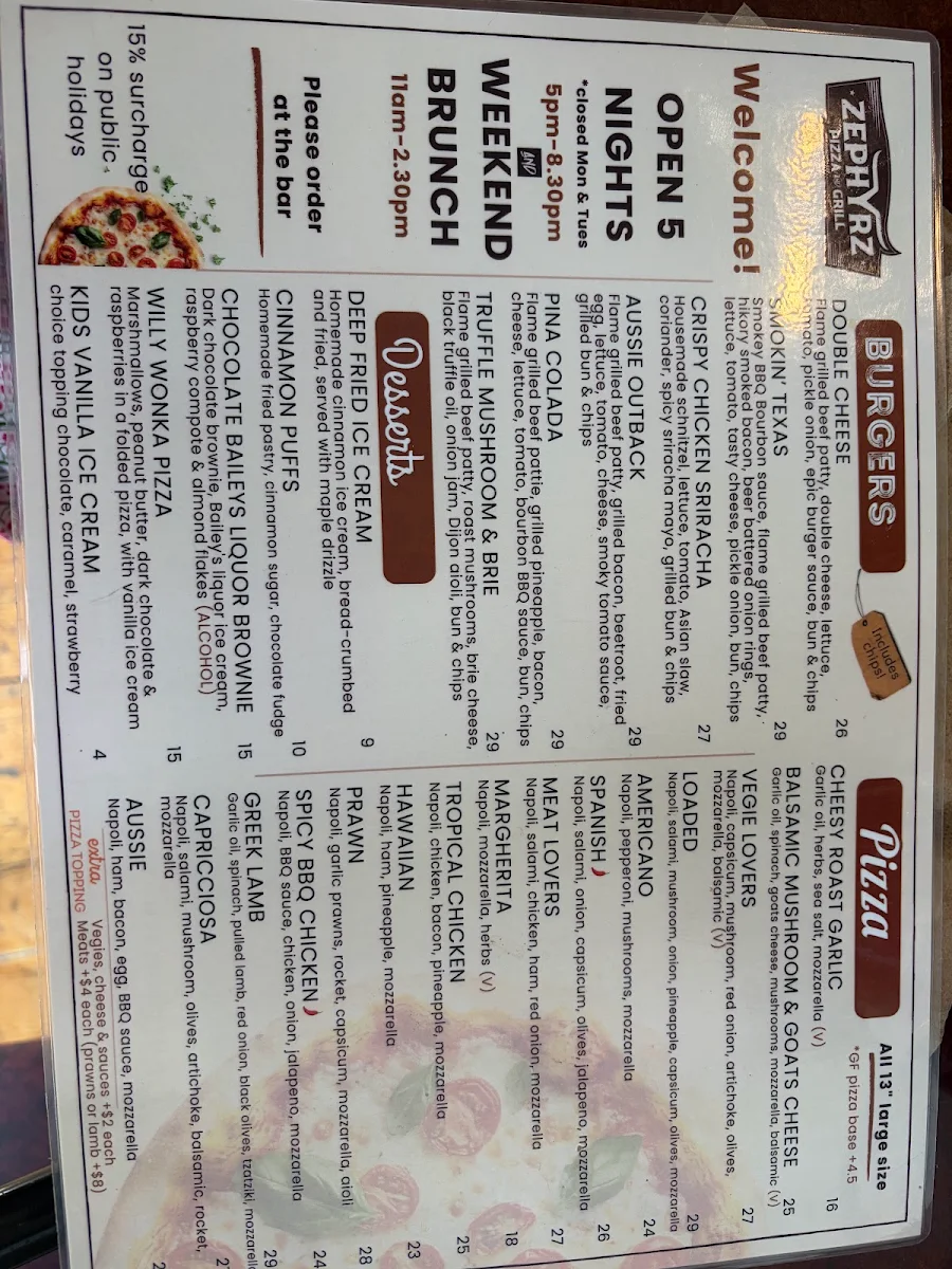 Menu, Zephyrz Pizza & Grill