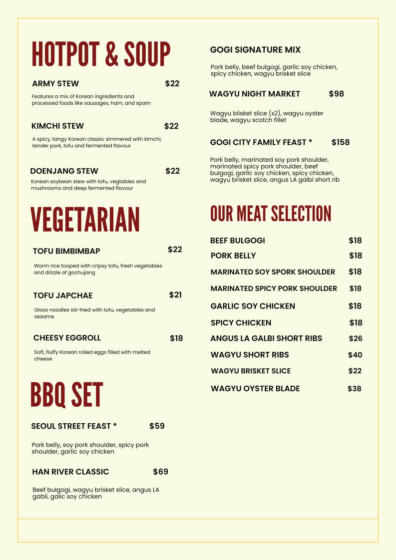 Menu, Gogi City