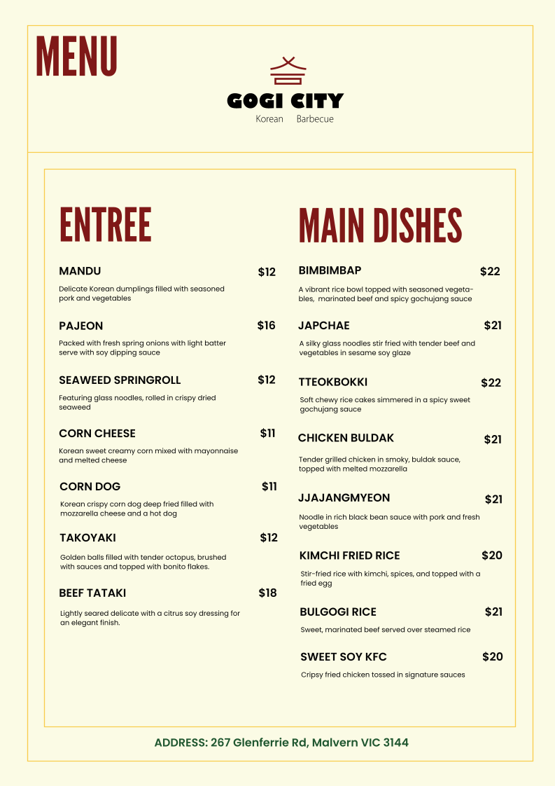 Menu, Gogi City