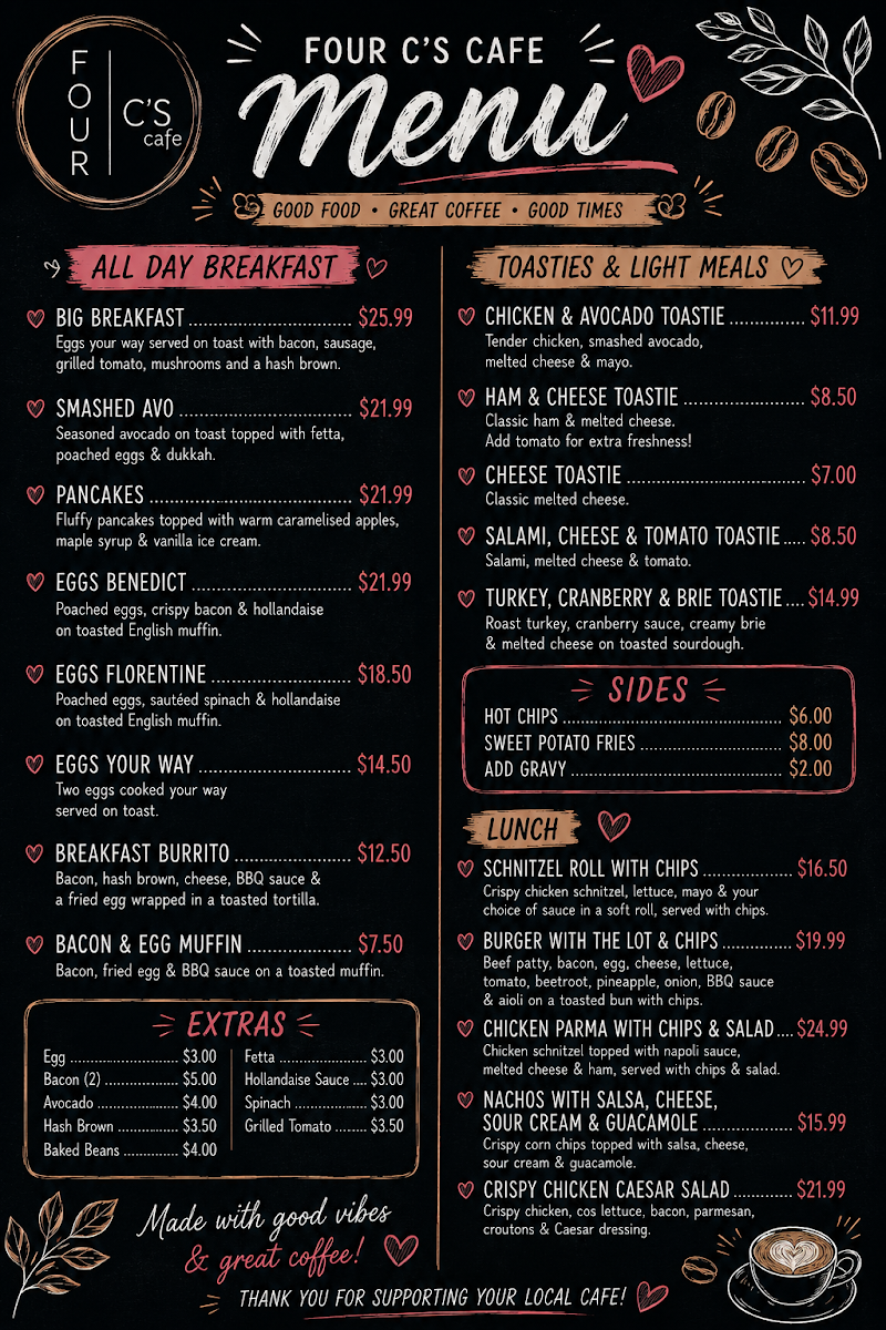 Menu, Four C's cafe