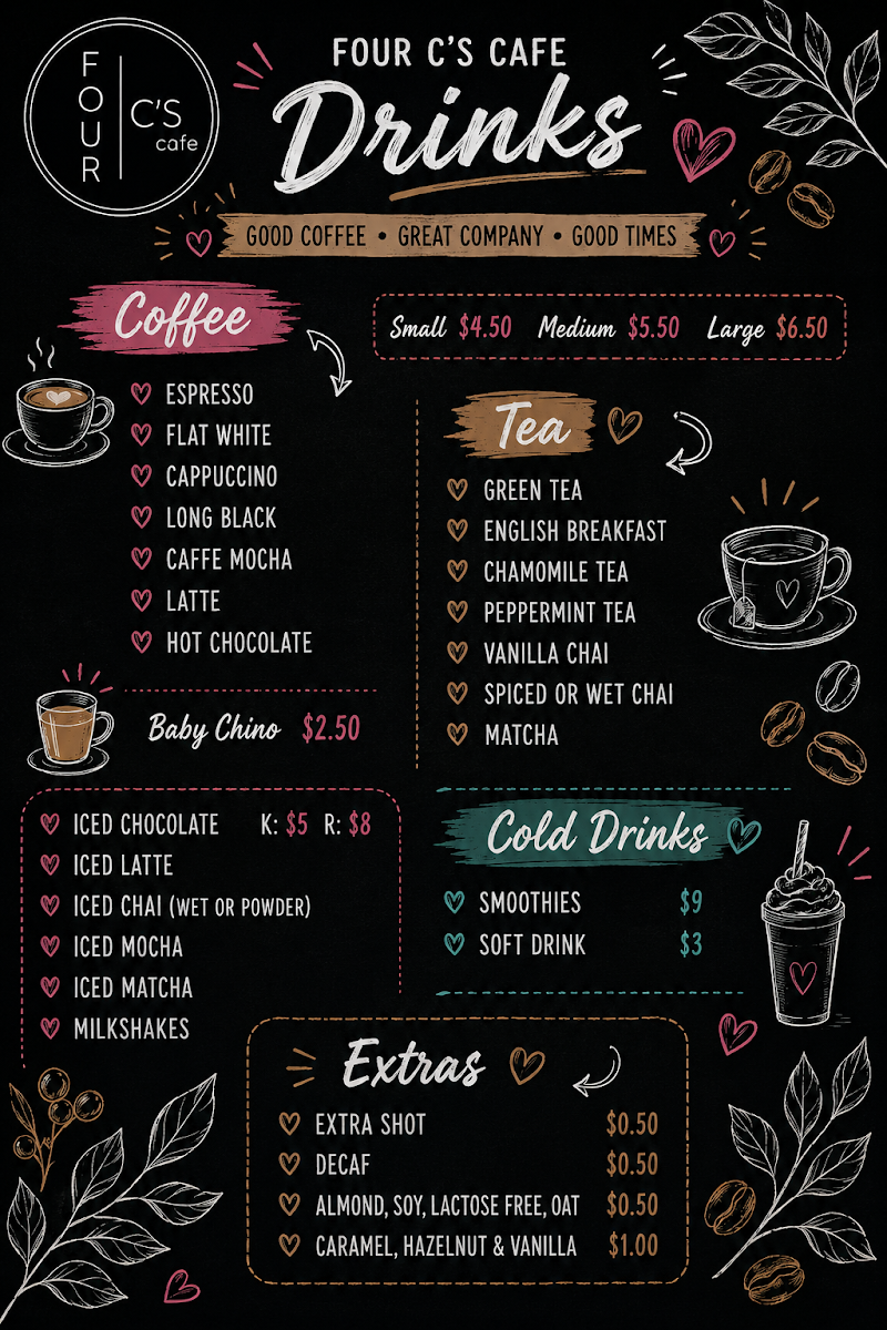 Menu, Four C's cafe