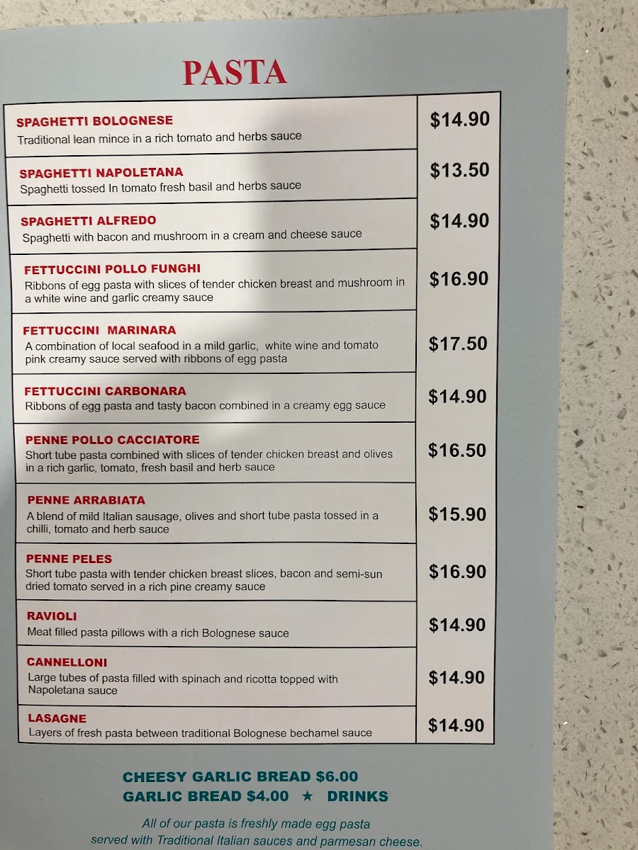 Menu, Peles Pizza and Pasta