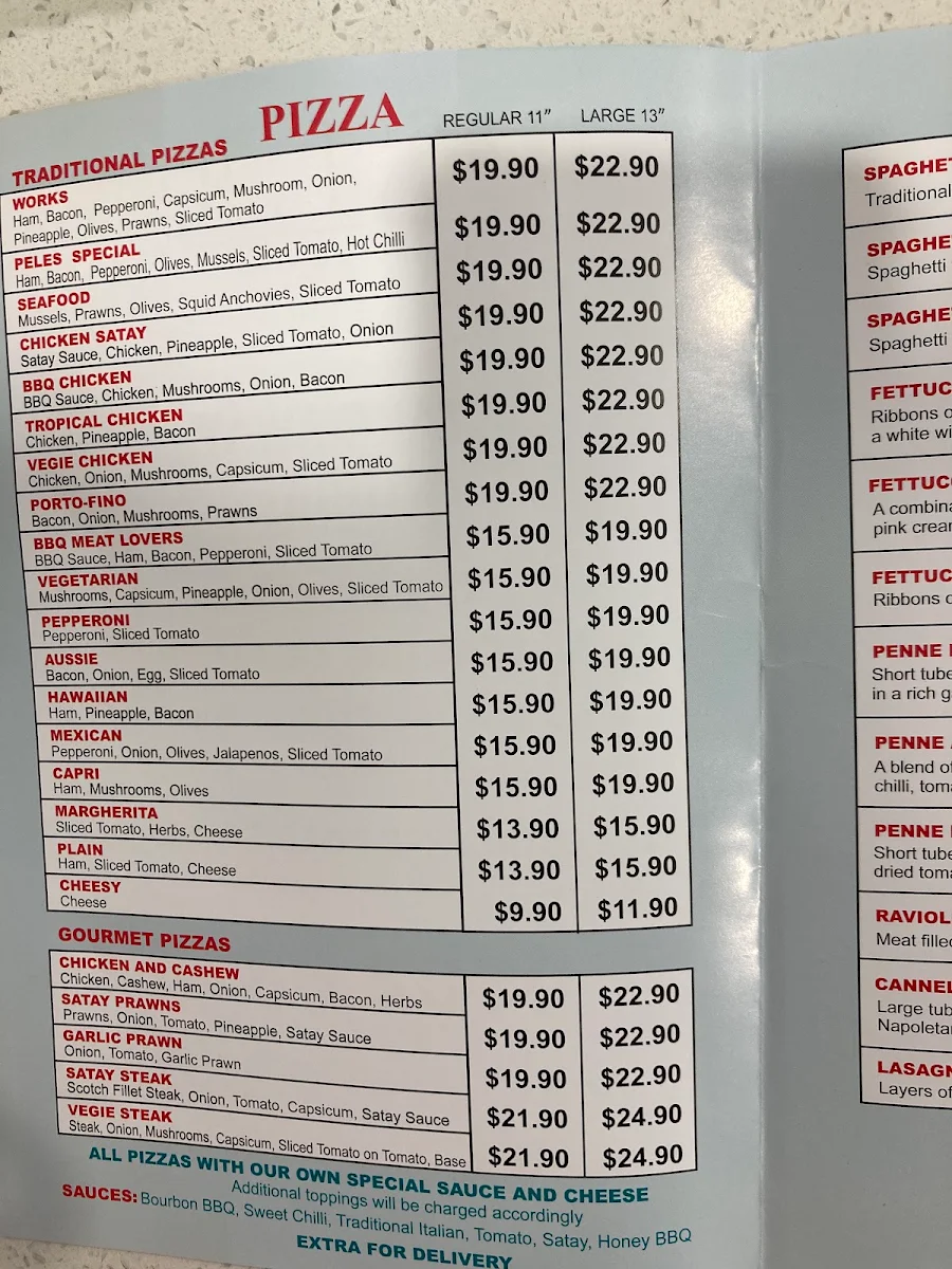 Menu, Peles Pizza and Pasta