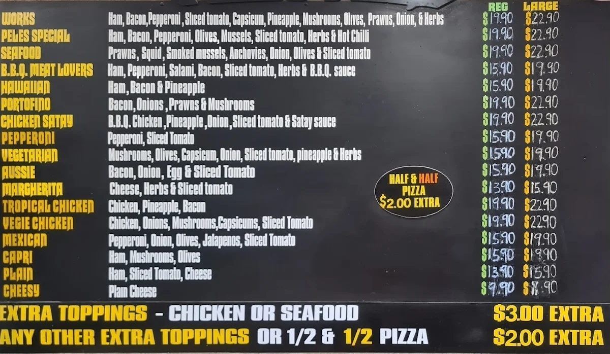 Menu, Peles Pizza and Pasta