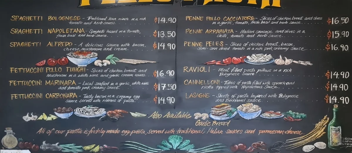 Menu, Peles Pizza and Pasta