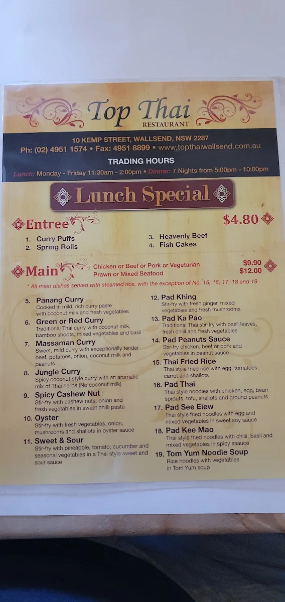 Menu, Top Thai Restaurant (wallsend)