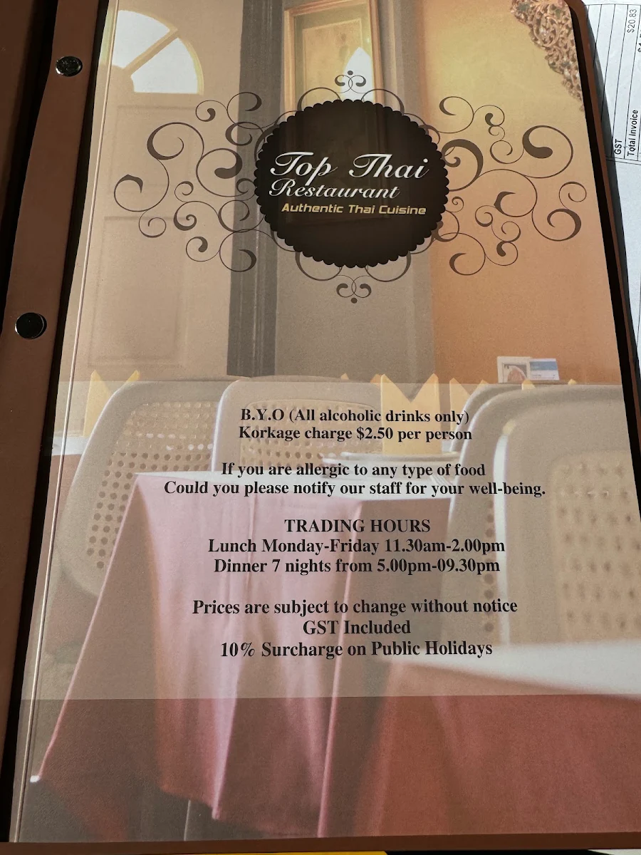 Menu, Top Thai Restaurant (wallsend)