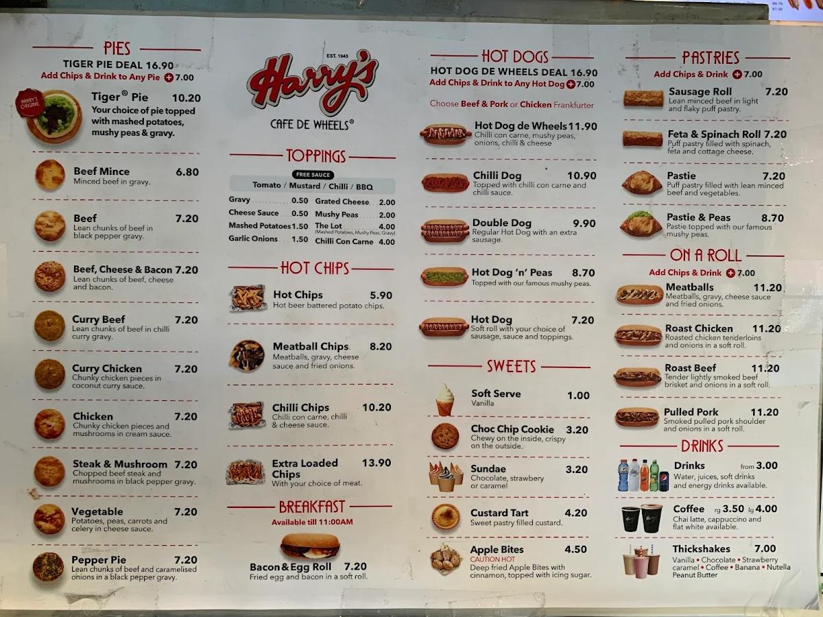 Menu, Harry's Café de Wheels - Woolloomooloo