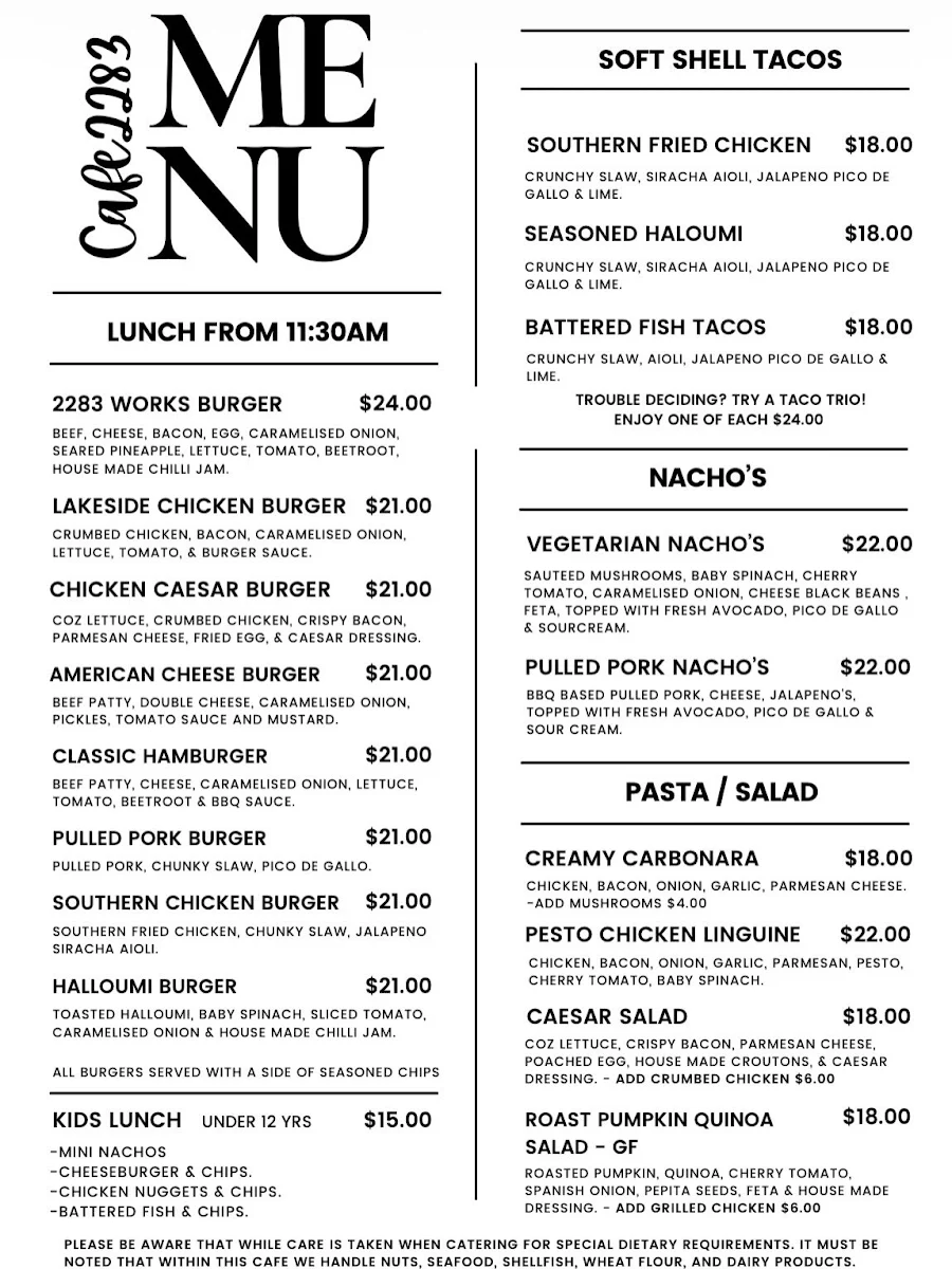 Menu, Cafe 2283