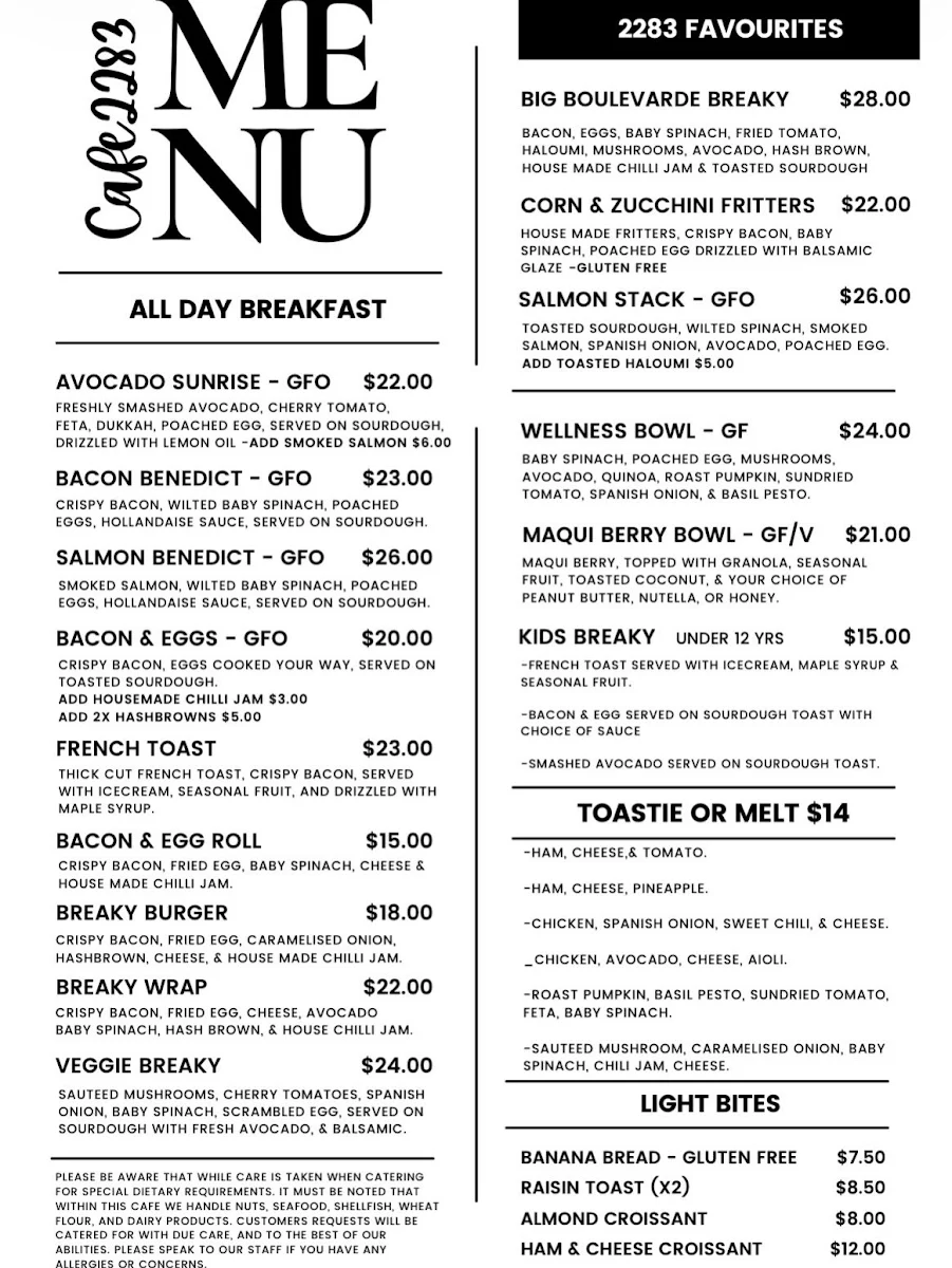 Menu, Cafe 2283