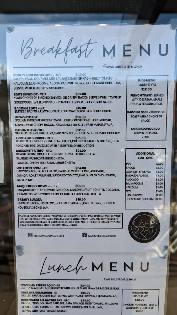 Menu, Cafe 2283