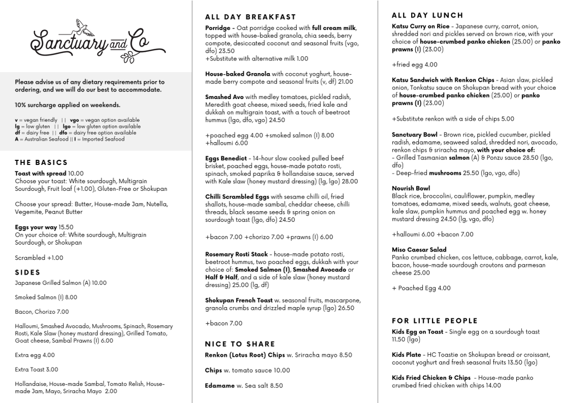 Menu, Sanctuary & Co