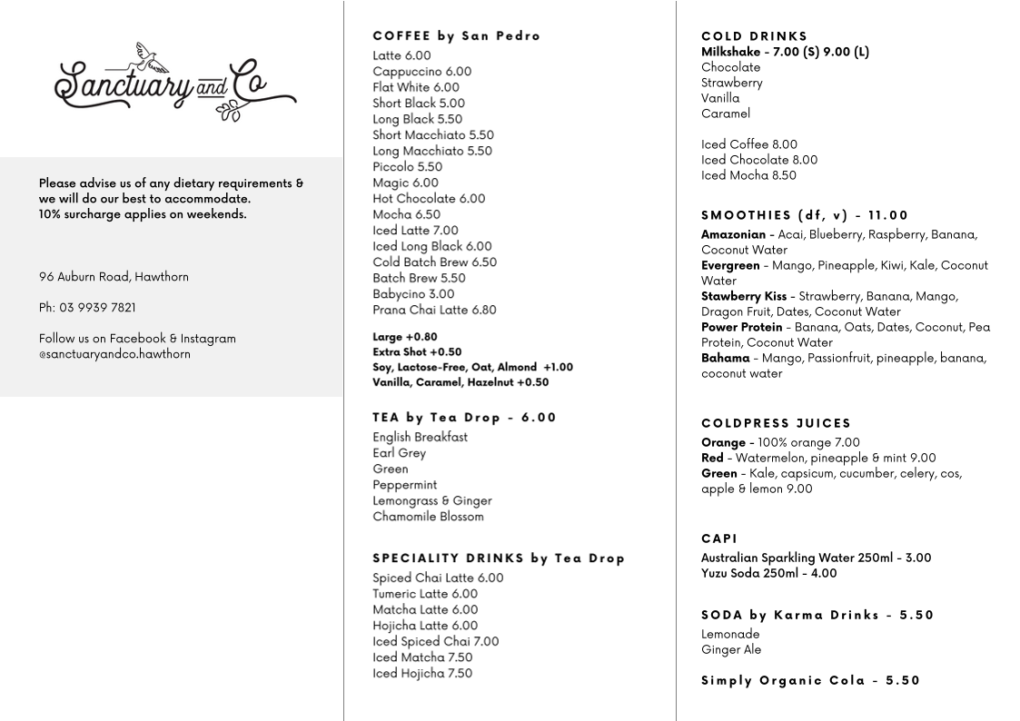 Menu, Sanctuary & Co