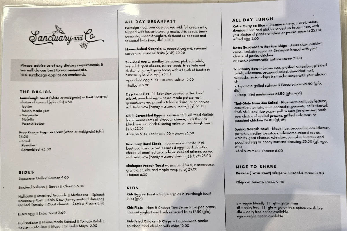 Menu, Sanctuary & Co