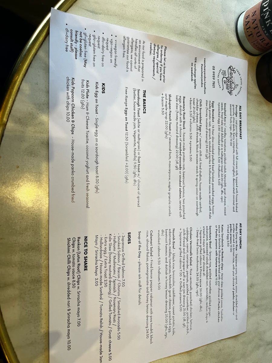 Menu, Sanctuary & Co