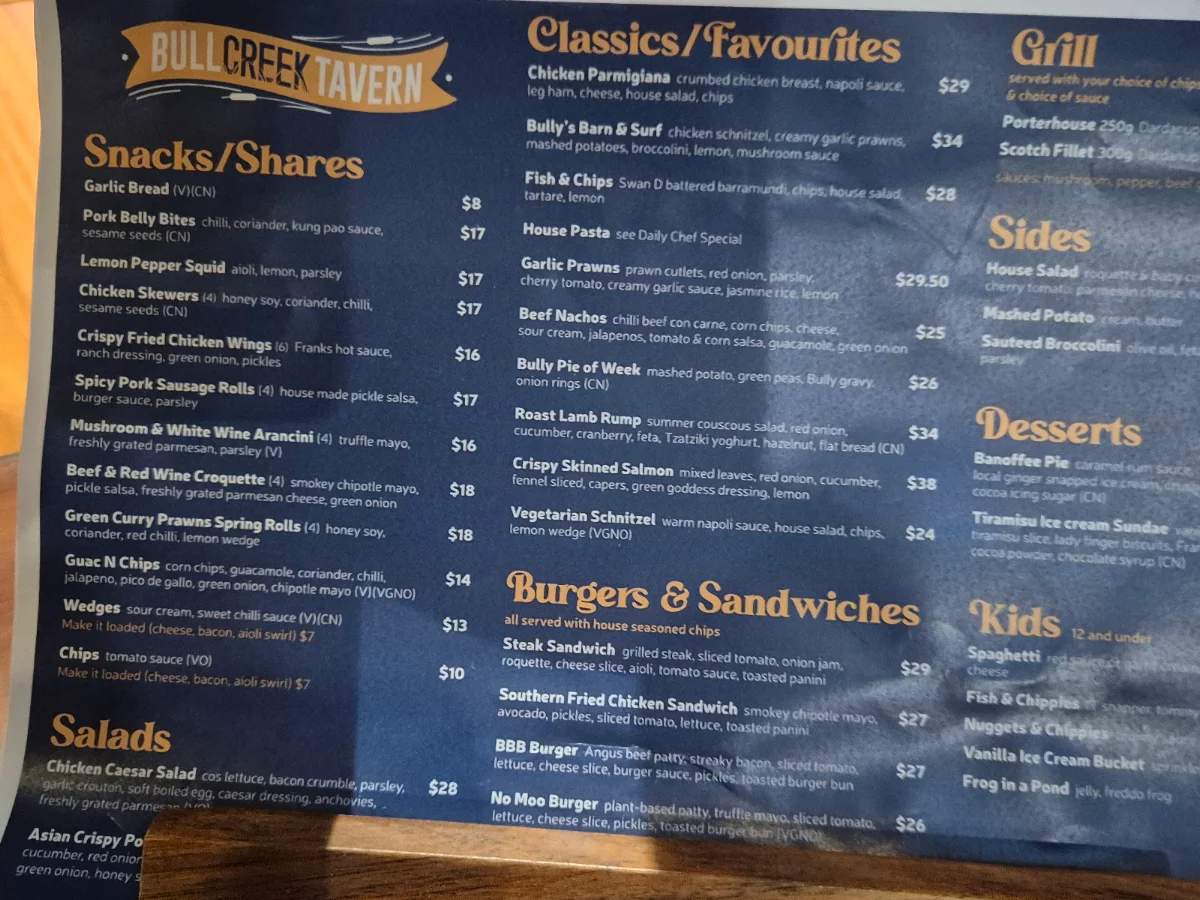 Menu, Bull Creek Tavern