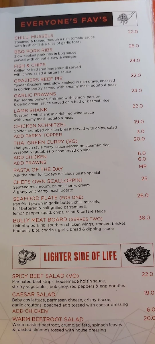 Menu, Bull Creek Tavern