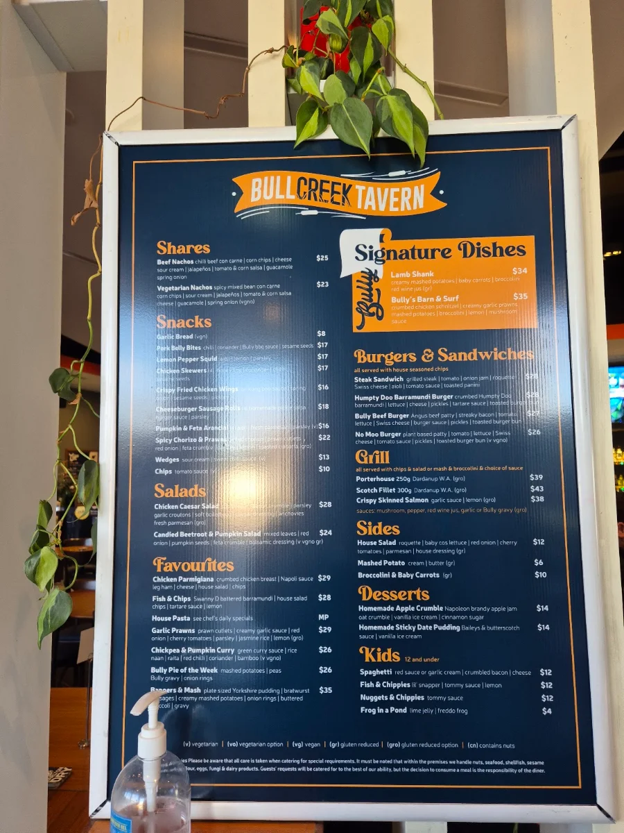 Menu, Bull Creek Tavern