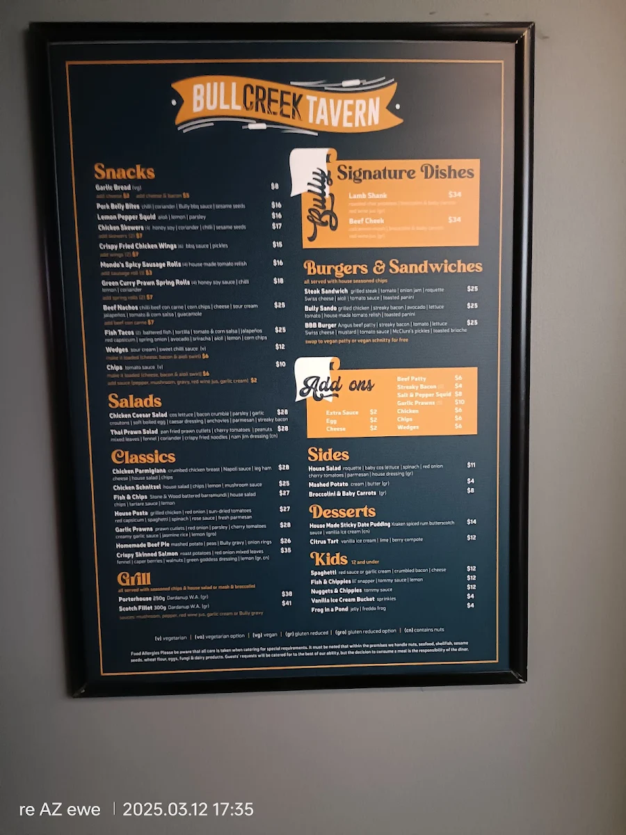 Menu, Bull Creek Tavern