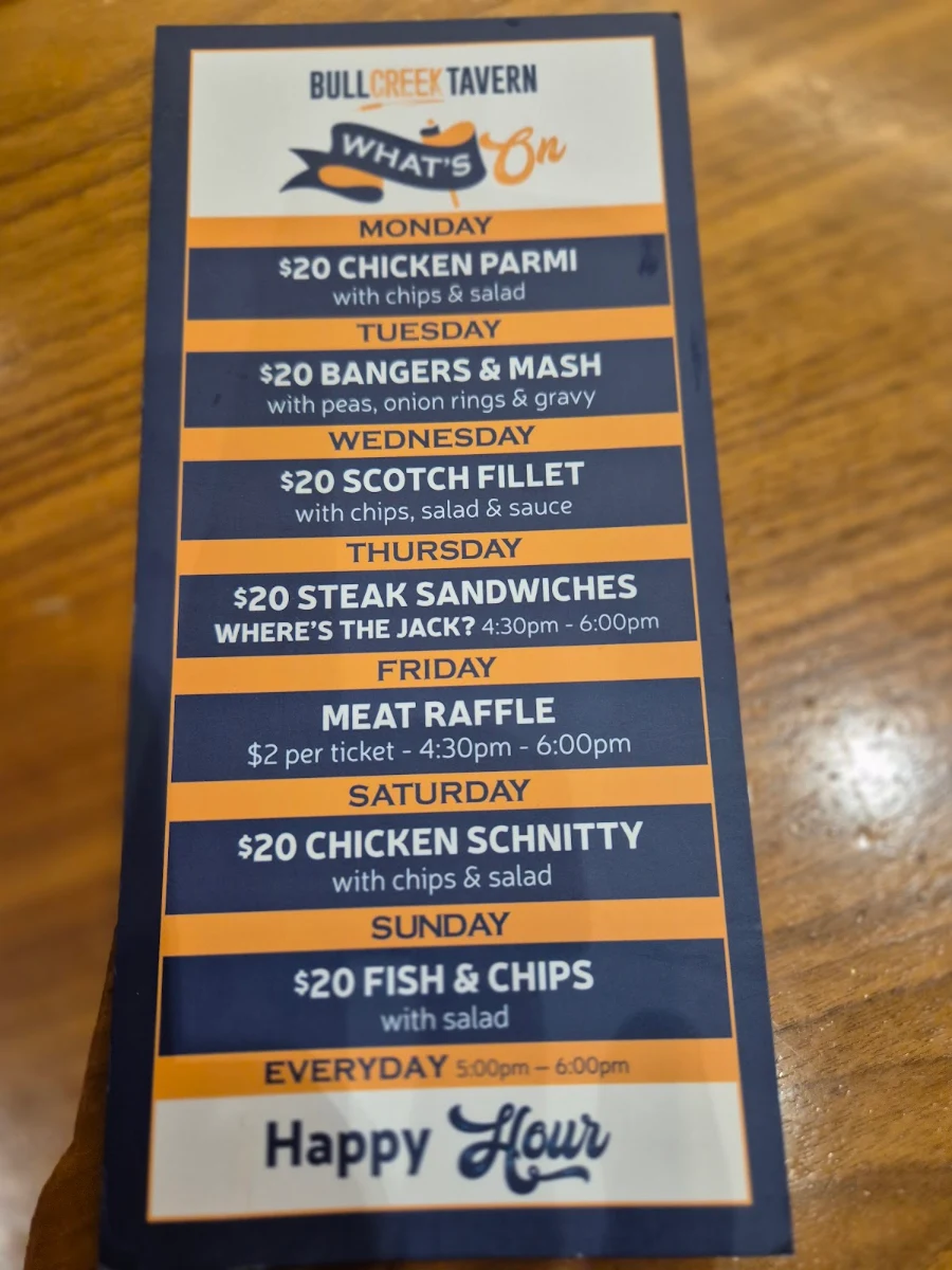 Menu, Bull Creek Tavern
