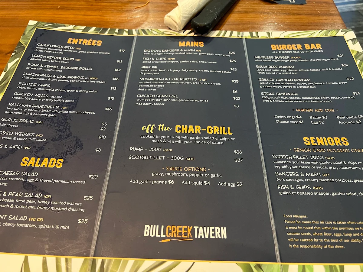 Menu, Bull Creek Tavern