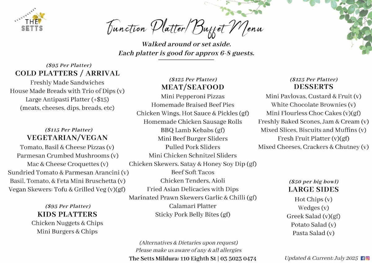 Menu, The Setts Mildura