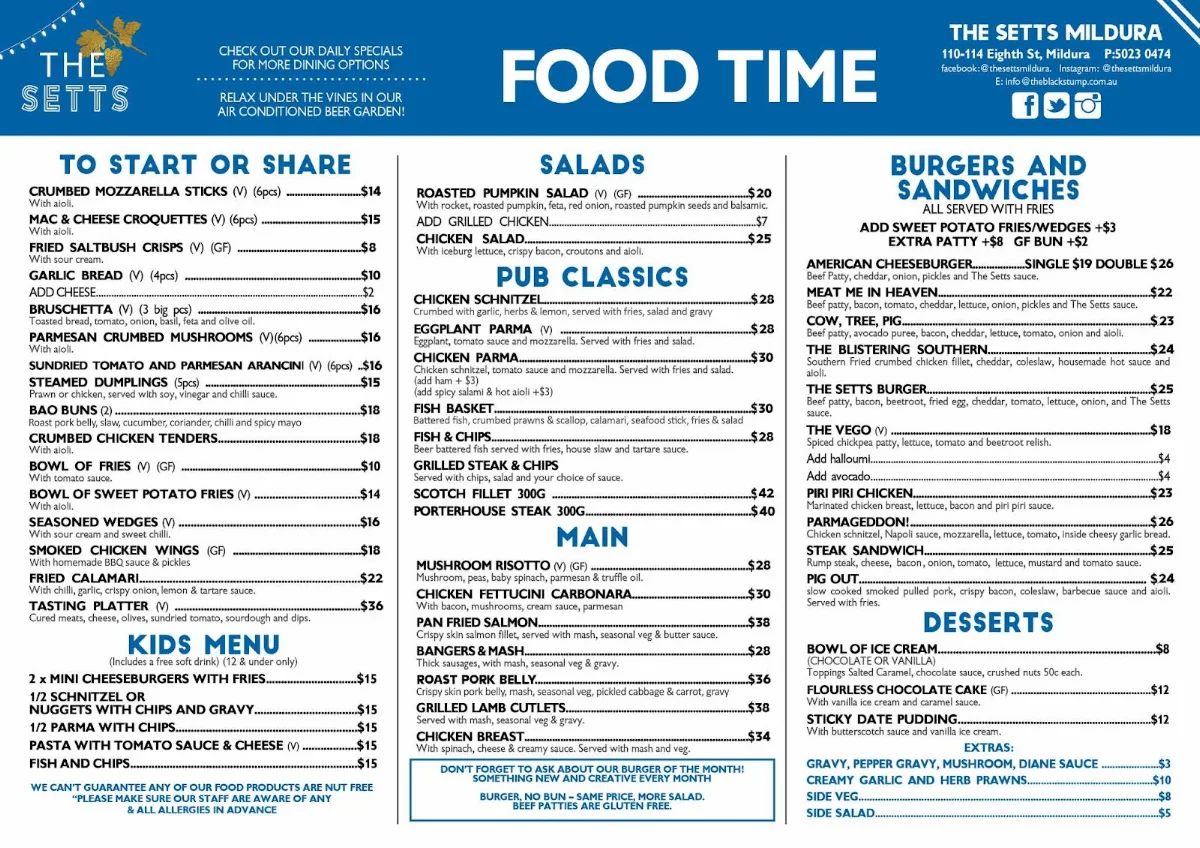 Menu, The Setts Mildura