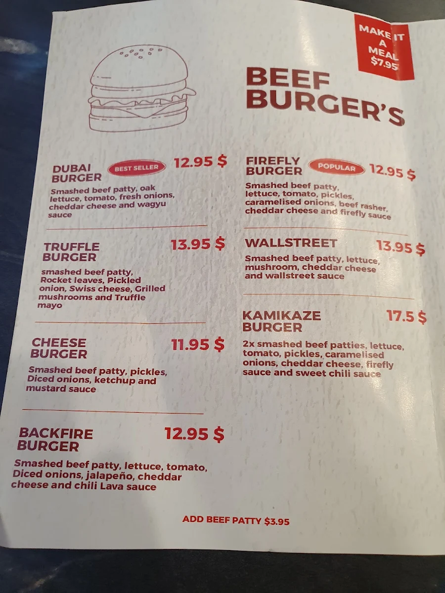 Menu, Firefly Burger Belmore