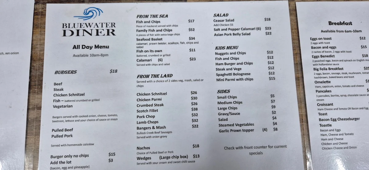 Menu, Bluewater Diner