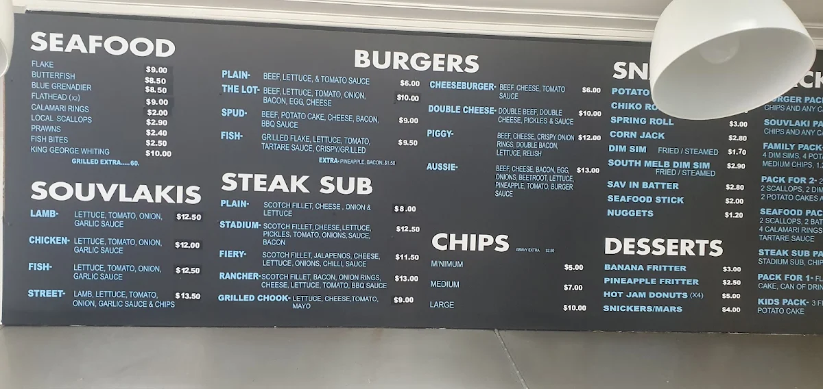 Menu, Stadium Geelong Fish and Chips