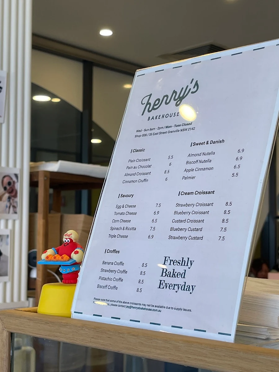 Menu, Henry's Bakehouse