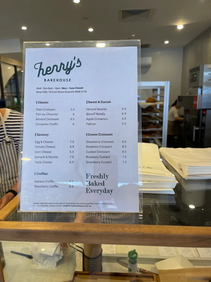 Menu, Henry's Bakehouse