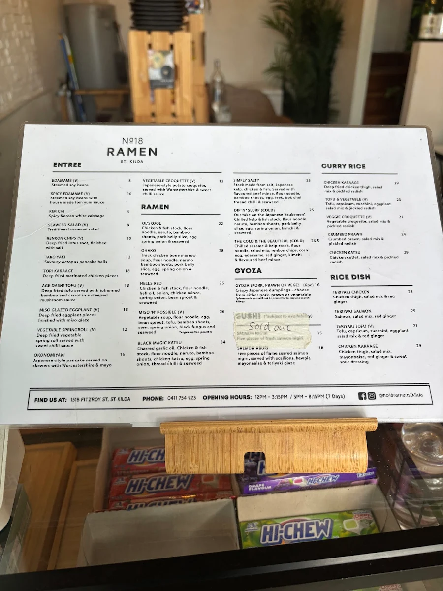 Menu, No 18 Ramen St Kilda