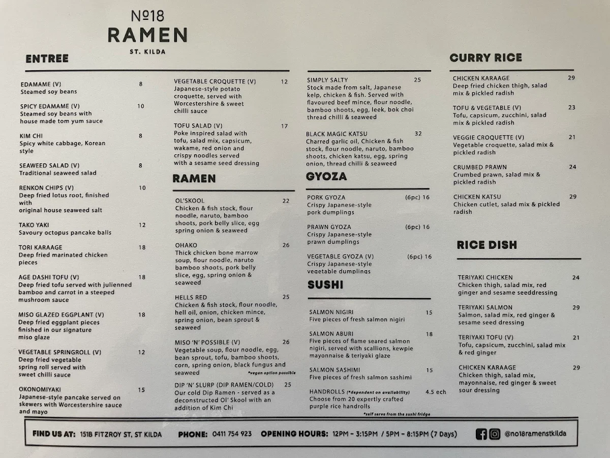 Menu, No 18 Ramen St Kilda