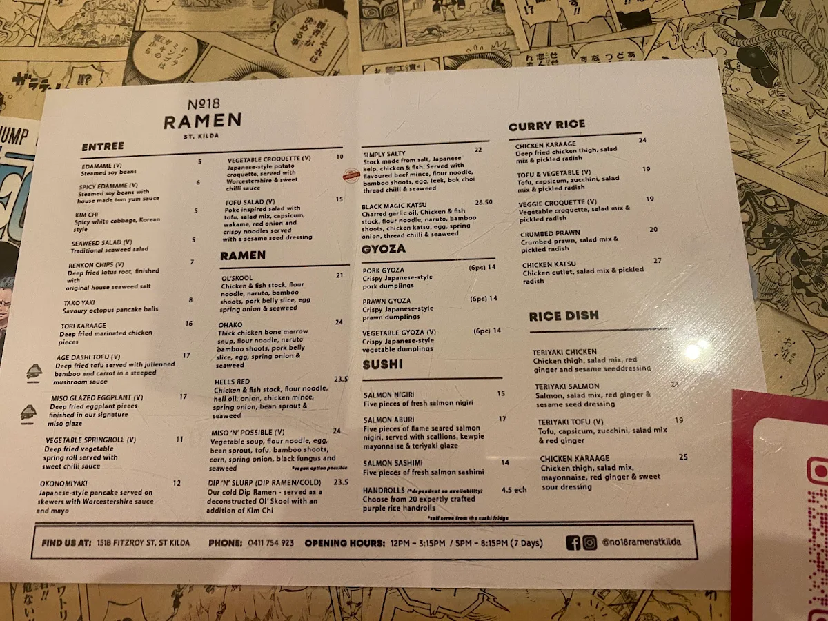 Menu, No 18 Ramen St Kilda