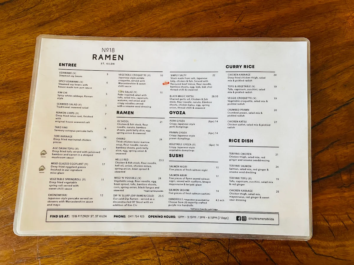 Menu, No 18 Ramen St Kilda