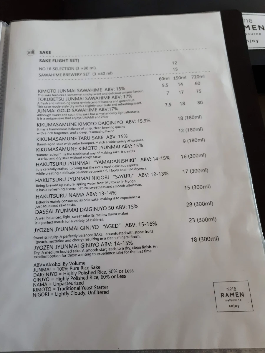Menu, No 18 Ramen St Kilda