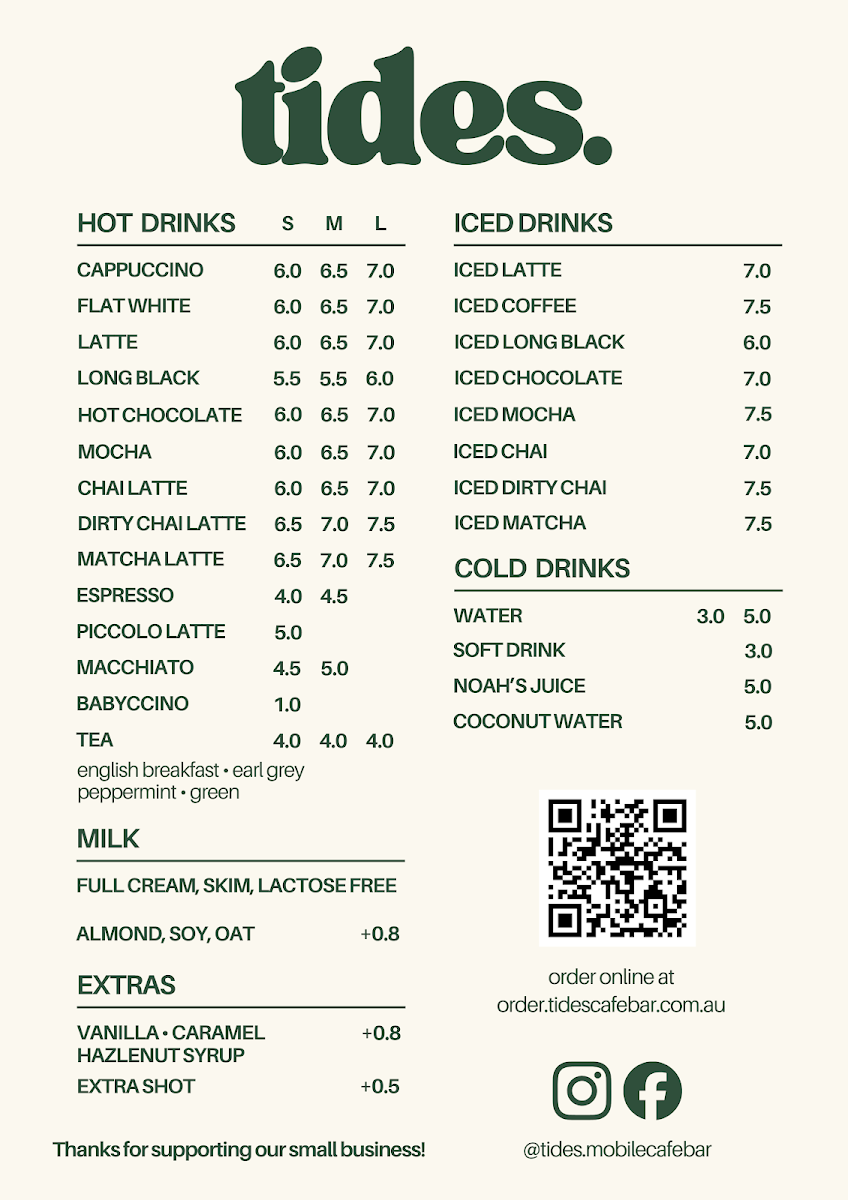Menu, tides. Mobile Cafe & Bar