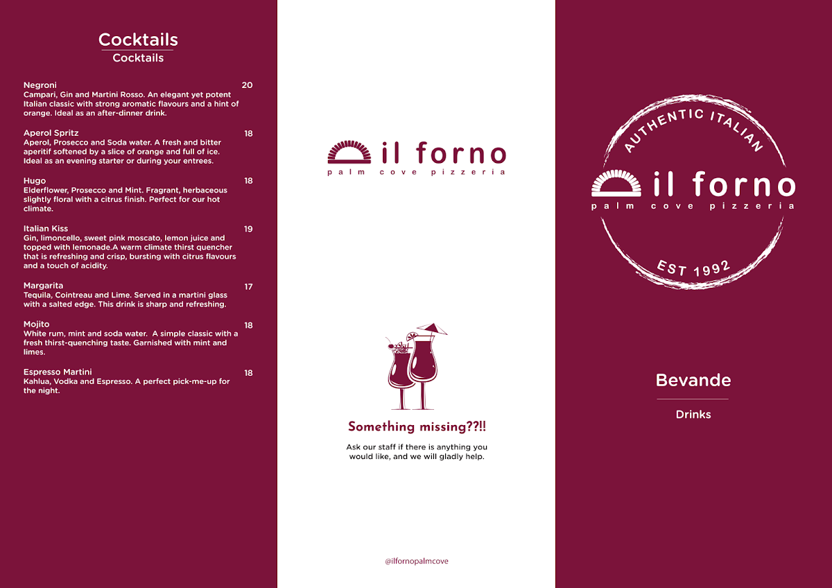 Menu, Il Forno Pizzeria
