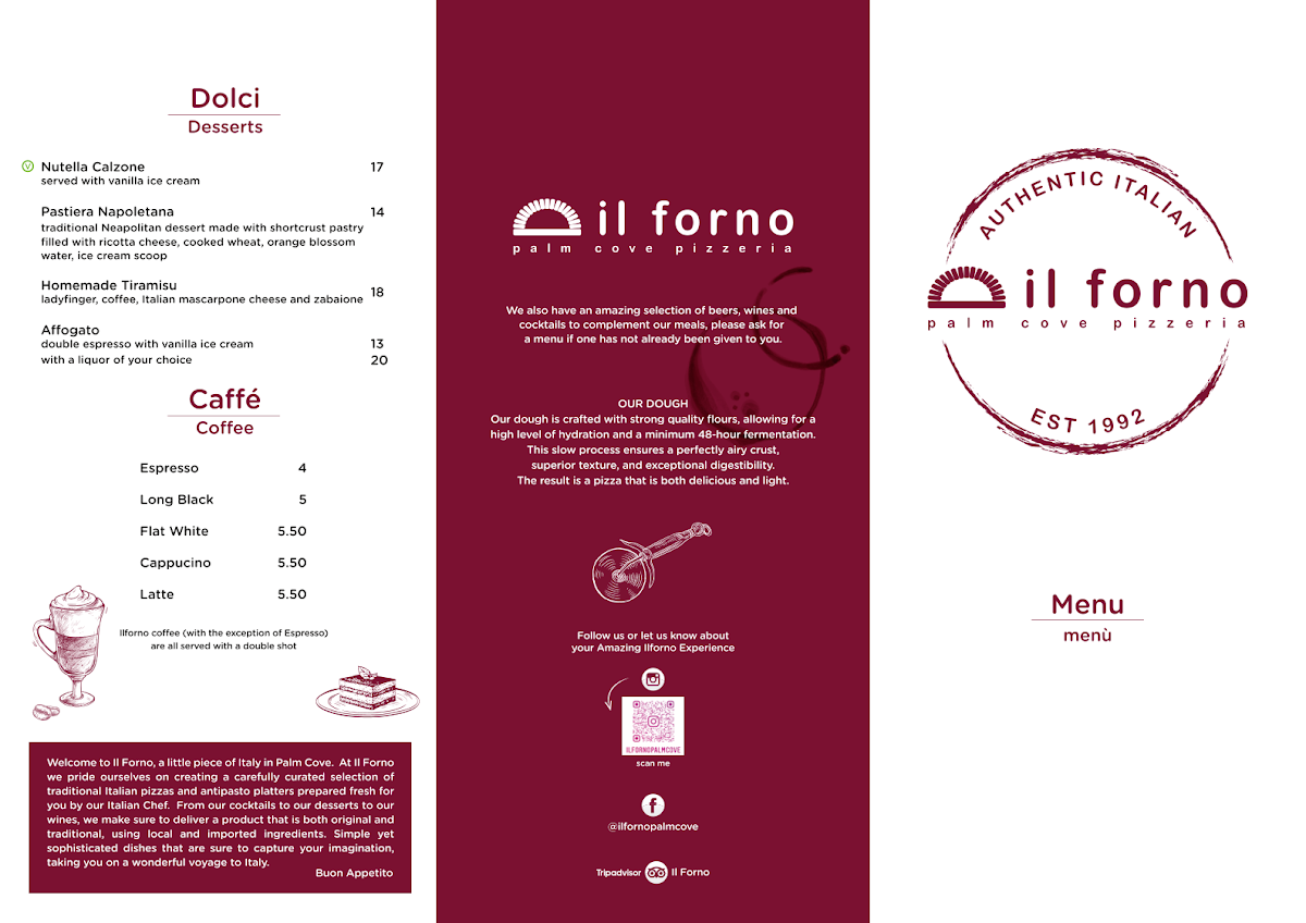 Menu, Il Forno Pizzeria